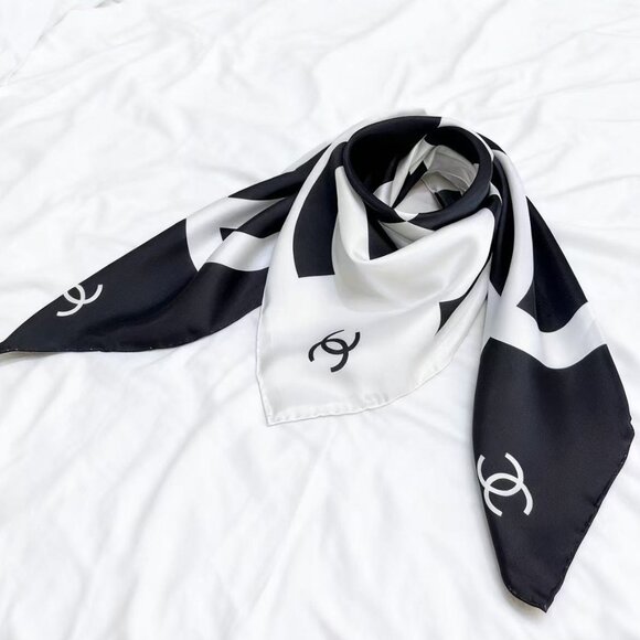 Silk Scarf with Iconic CC Logo, Black & White Design - Picture 1 of 2